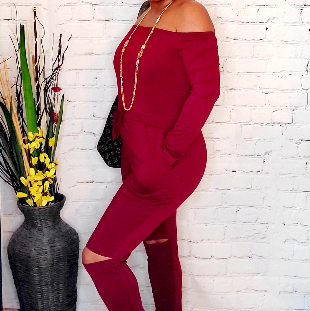 NWT Burgundy Off the Shoulder Long Sleeve Jumpsuit - Picture 2 of 8